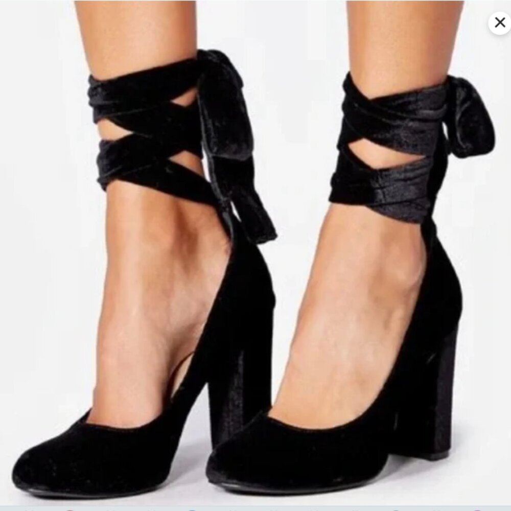 Black velvet block heal with lace up leg